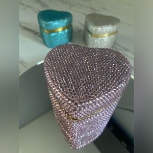 Pink bling heart shape ceramic jewelry box w crystal rhinestones